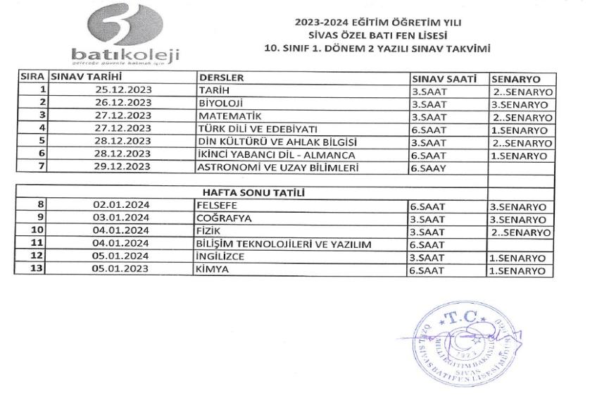 2023-2024 EĞİTİM ÖĞRETİM YILI 1.DÖNEM 2. YAZILI TARİHLERİ 